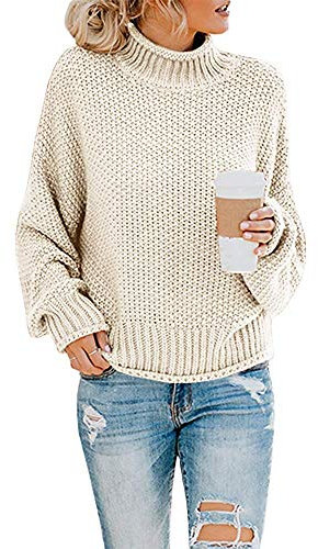 Imuedaen Women's Turtleneck Jumpers Casual Batwing Sweaters Long Sleeve Pullover Loose Chunky Knitted Jumper Tops (A White, XL)