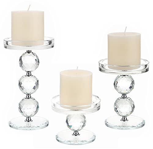 OwnMy Set of 3 Crystal Glass Pillar Candlestick Holders Clear Pillar Candle Holders Sets, Tealight Votive Candle Stands Modern Candle Centerpiece for Living Room Wedding Decor