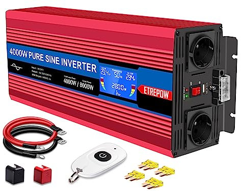 ETREPOW 4000w Spannungswandler 24v 230v Reine Sinus Wechselrichter mit 2 EU-Steckdosen und USB, kabellose Fernbedienung, LCD Bildschirm -Spitzenleistung 8000w Kfz Konverter …