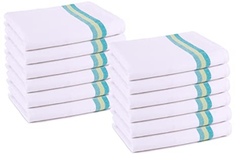 Pagnanno Tea Towels, Soft and Absorbent – Multi Pack of Large Classic Herringbone Weave, Lint Free, Cotton Kitchen Dish Towels 45x70 cm in White with blue, green and orange stripes (Green Stripe, 12)