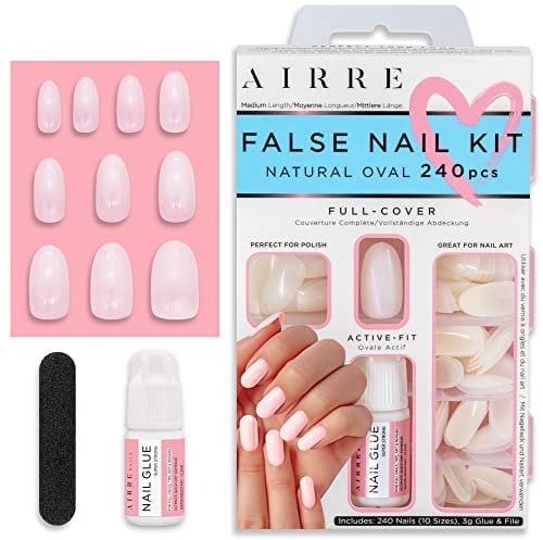 AIRRE Kit de 240 Faux Ongles avec Colle Forte - Capsules Ongles Naturelles Ovales AIRRE Active-Fit (10 Tailles), Manucure Pro de Salon en Quelques Minutes, DIY - Utilisable avec le Gel UV/LED, Vernis