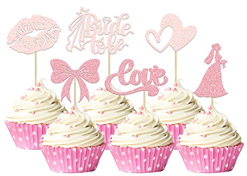 Gyufise 24Pcs Bride to Be Cupcake Toppers Pink Glitter Bow Tie Lip Princess Love Heart Bridal Shower Cupcake Pick Decorations for Wedding Engagement Bachelorette Cake Decorations Supplies