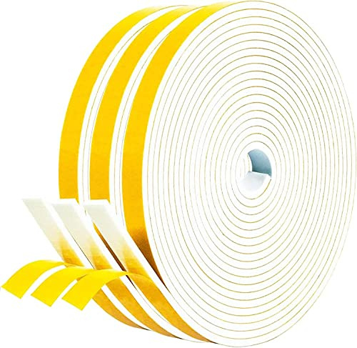 Draught Excluder Self Adhesive Foam Tape 12mm(W) x 3mm(T) Window Door Weather Stripping SoundProof Weather Strip Tape Seals for Gap Seal, 3 Rolls, Total 15M Long White