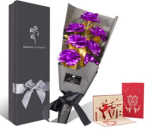 Blau Rose Blumenstrauß, 6 Stück Handgefertigt Goldfolie Künstlicher Rosenstrauß - mit Geschenkbox für Frau Freundin/Muttertag/Geburtstag/Hochzeitstag/Jahrestag Künstliche Rose (Lila)