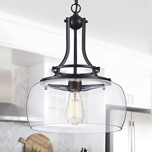 WUZUPS araña rústica casa de campo industrial techo redondo colgante led lámpara con pantallas de vidrio transparente para comedor cocina isla vestíbulo entrada, h 43 x w 34, base e27, negro