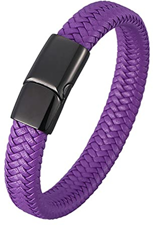 Ayoiow Bracciale A Catena in Acciaio Uomo Pelle Bracciale Intrecciato con Fibbia Nera Bracciale in Acciaio per Uomo