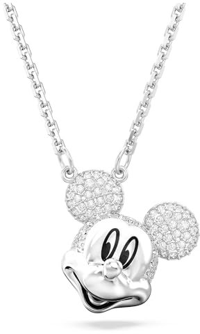 Swarovski Disney Mickey Mouse Anhänger, Weiße und Rhodinierte Damenhalskette mit Strahlenden Swarovski Kristallen