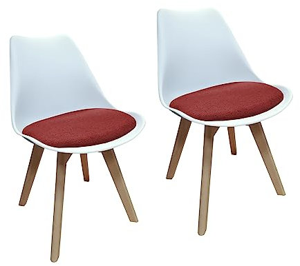 HTI living Stuhl Atlanta Webstoff 2er-Set Esszimmerstuhl Kunststoffschale Webstoffbezug Holzfüße Weiß, Rot
