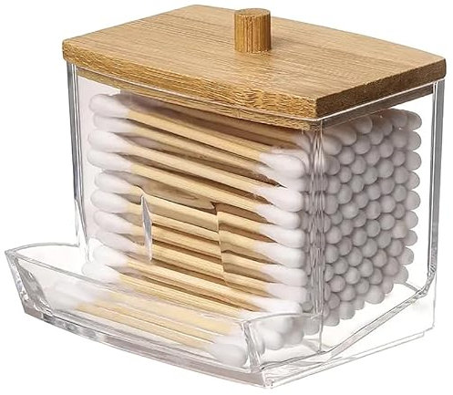 Boîte de rangement en acrylique avec couvercle en bambou pour cotons-tiges, boules de maquillage, éponges de maquillage, distributeur de cotons-tiges en acrylique