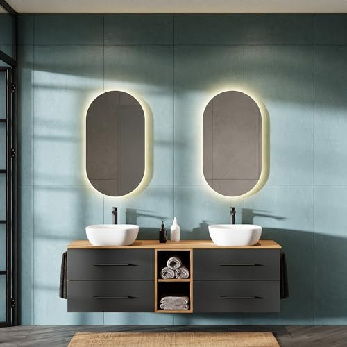 Planetmöbel Lux Ensemble de meubles de salle de bain avec lavabo suspendu de 170 cm et 2 lavabos à poser de 42 cm blanc, meuble de lavabo en chêne doré/anthracite