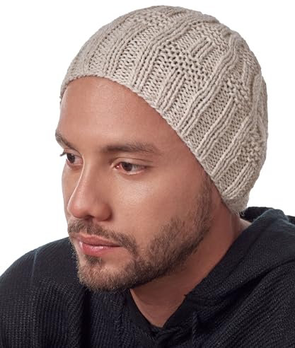 INTI ALPACA Herren Beige Alpaka Schädel Hut Handgestrickt aus Alpakawolle Unisex Winter Kopfbedeckung Beanie Mütze Outdoor Indoor Beanie, Beige, Einheitsgröße
