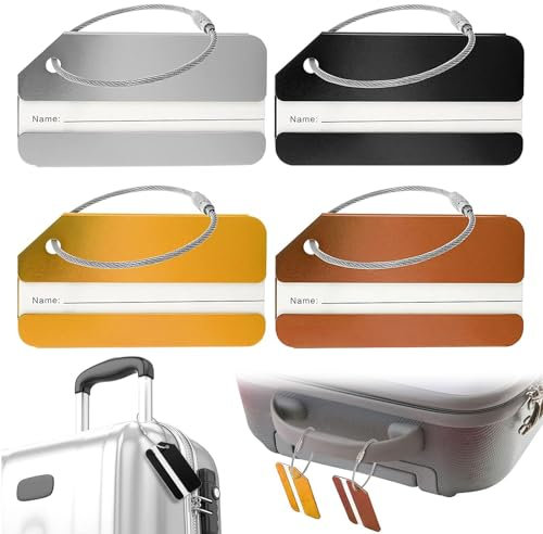 EnixwH Pack of 4 Luggage Tags with Address Tag, Aluminium Luggage Tag, Luggage Tag Air Travel with Name Tag, Suitcase Tag with Stainless Steel Wire Loop, for Handbag, Bags (4 Colours)