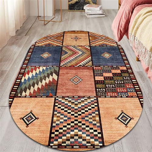 QJDTZMD Teppich Wohnzimmer Deko Kurzflor Schlafzimmer Teppich Geometrisches quadratisches Patchwork in Vintage-Blaubraun, oval, 60 x 90 cm Leicht zu reinigen Teppich für Balkon bedruckter Teppich