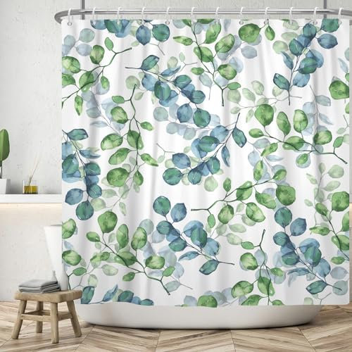ASDCXZ Blätter Duschvorhang 180x200 cm, Frühling Aquarell Blau Grün Eukalyptusblätter Weiß Bad Waschbar Duschvorhänge Polyester Textil Wasserdicht Badevorhang für Badewanne mit 12 Haken