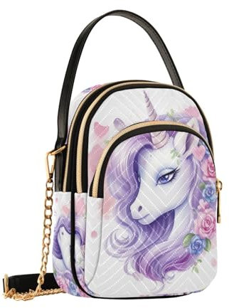 Einhorn-Umhängetasche für Damen, abnehmbare Kette, Handytasche, Schultertasche, Geldbörse, Geldbörse, Violett, Einhorn-Violettes Haar, Einheitsgröße