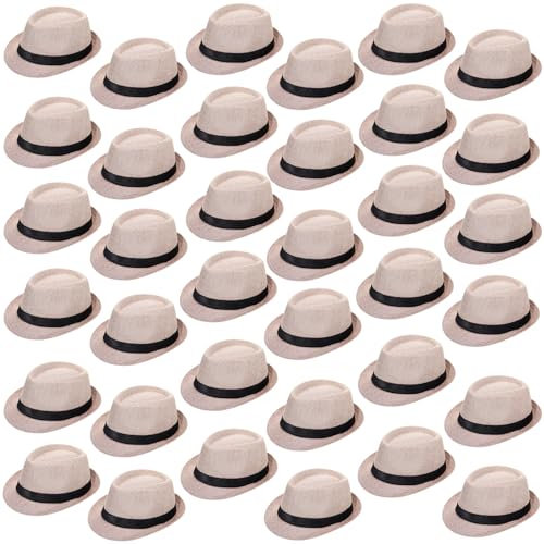 Suhine Lot de 36 chapeaux Fedora d'Halloween pour homme en vrac années 20 en paille à bord court soleil panama femme costume de fête, circonférence 60 cm, Blanc crémeux, Medium