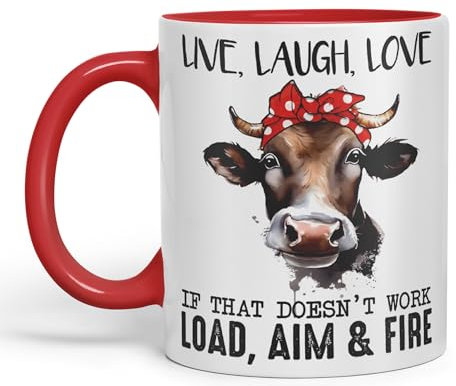 Vixar Live Laugh Love, If That Doesn't Work Load Aim & Fire, Cow Sarcastic Joke Ceramic Coloured Mug Cup for Tea Coffee Hot Brew 330ml 11Oz (Red)