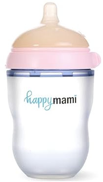 HappyMami - Biberon en Forme de Sein, Biberon 250 ml, Couleur Rose, Tétine en Silicone de Qualité Médicale, Double Système Anti-Colique, sans BPA, Lavable au Lave-vaisselle, Chauffe-biberon