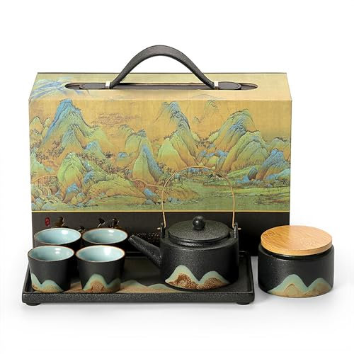 MocArt Chinese Kung Fu Tea Set, Ceramic Teapot 220 ml, with 1 Tea Caddy, 4 Tea Cups and Tea Tray, Black Porcelain Tea Set with Gift Box