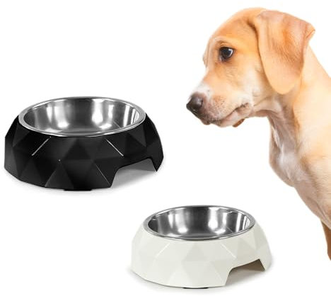 Record - Gamelle pour Chien Diamond Amovible en Acier Inoxydable et Mélamine. Bol doté de Pads en Gomme antidérapante. Passe au Lave-Vaisselle. Medium - Ø 18 cm, capacité 350 ML, Blanc