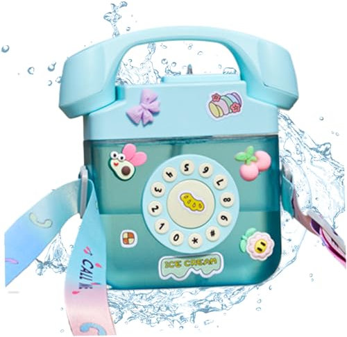 Botella de Agua Linda, Botella de Agua en Forma de teléfono de 400 ml con Correa de Hombro Ajustable, Botellas de Agua de Viaje a Prueba de Fugas de Kawaii para niños niñas (Azul)