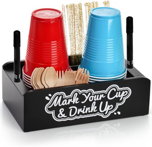 Goaste Double Disposable Cup Holder with Marker Slot, Wooden Mark Your Cup and Drink Up Caddy, Countertop Party Cup Dispenser for Parties Home Decoration, Wedding, Office, Housewarming