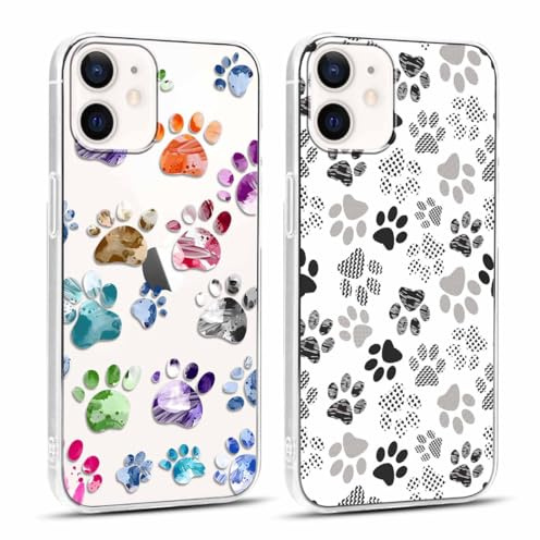 Yoedge 2 Stück Transparent Handyhülle für iPhone 12 Mini Hülle 5,4, Hundepfoten Fußabdruck Muster Frauen Mädchen Aesthetic Motiv Handyhülle Dünn Weich Durchsichtig Silikon TPU Stoßfest Schutzhülle