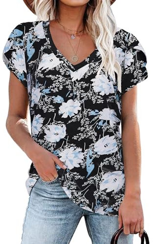 NARRAME Camisetas de Mujer para Verano, Camisetas de Manga Corta, Cuello en V para Mujer Floral Azul Blanco Small S 34-36