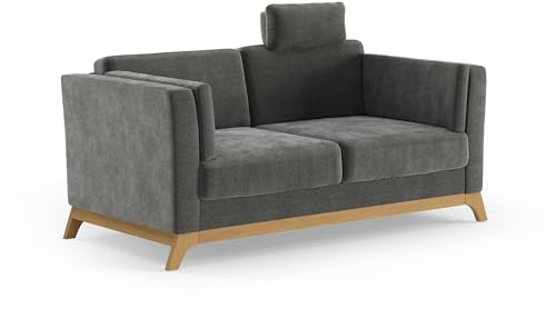 Cavadore 2,5er-Sofa Vida / 2,5-Sitzer Couch im trendigen Design mit massivem Holzrahmen in Eiche, Kopfstütze mit Kuschelkissen / 183 x 84 x 93 / Mikrofaser, Grauoliv