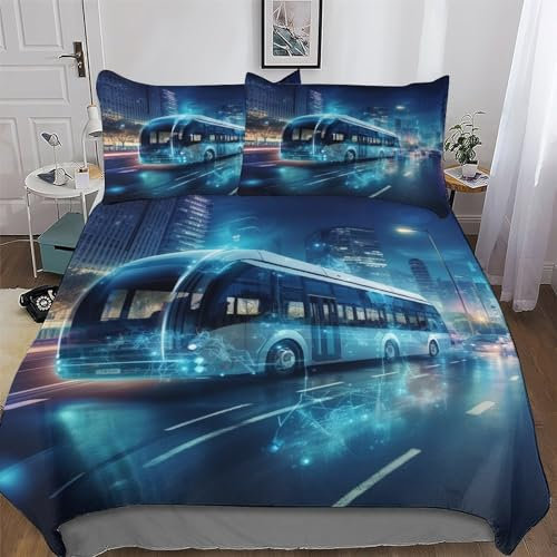 PAZZK Bus Bettwäsche Für Jungen Mädchen 3D Deckenbezug Set 2 teilig Bettbezüge Atmungsaktive Mikrofaser Bettbezug Mit Reißverschluss Und Kissenbezug Single (135x200cm)