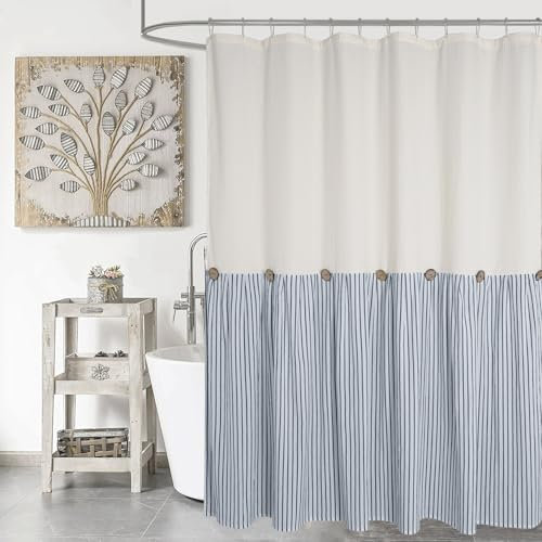 DOSLY IDÉES Rideau de douche rustique à rayures beiges et bleues, rideau à boutons en tissu tissé en coton gaufré spa et style rustique chic, 183 x 183 cm