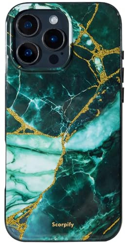 SCORPIFY für iPhone 16 Pro Hülle mit smaragd Grünem Marmor Design [kompatibel mit Magnetic], süße magnetische Telefonabdeckung für Frauen, Mädchen und Männer, schmaler Bumper mit goldenen Akzenten