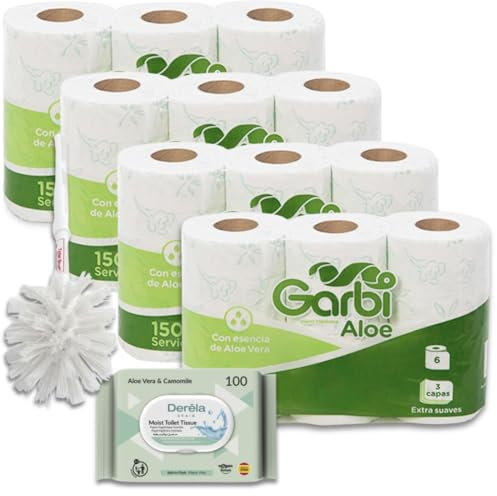 Kit - Carton de 24 Rouleaux de Papier Toilette Hygiénique Aloe Vera, 3 Épaisseurs + 1 paquet de lingette wc humide Offerte + 1 brosse wc Offert (24)