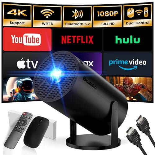 [2025 Modelo & App integrada] Proyector Portátil Soporte 4K 1080P Mini Proyector Dual Control con Ratón Android TV WiFi 6 BT5.2 180° Rotation HDMI/TV Stick/USB/Laptop, con Cable HDMI y Ratón, Negro