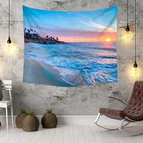 KnSam 350x256cm Tapisserie, Natur Landschaft Wandteppich Meeresufer Sonnenuntergang Wandteppiche Polyester Tuch für Wohnzimmer Decor, Blau Gelb Beige
