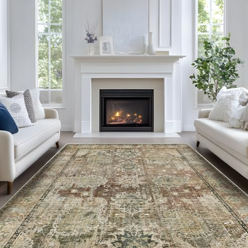 Luogort Braun Teppich Wohnzimmer 140x200cm, Waschbarer Vintage Teppich Kurzflor Teppiche mit Rutschfester Rückseite – Weich, Kindersicher & Pflegeleicht für Büro Esszimmer Kinderzimmer