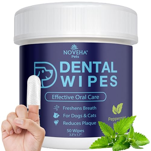 NOVEHA 50PCs Pets Dental Finger Wipes for Dogs & Cats | Freshens Breath, Reduces Plaque | Healthier Gums | Clean Teeth No Toothbrush | Vet Recommended Effective Natural Oral Care | Mint Flavor