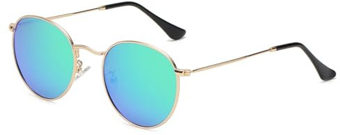 RUNHUIS Kleine Rund polarisierte Sonnenbrille Damen Herren Vintage Klassische Super Leichte Metallrahmen Gläser Retro Mode Brillen für Fahren Angeln Gold/Grün gespiegelt