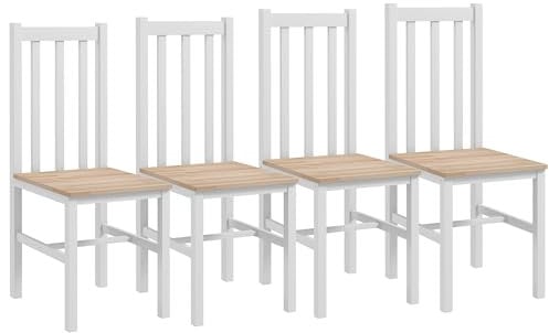 HOMCOM Juego de 4 Sillas de Comedor Silla de Cocina con Respaldo de Listones Marco de Madera de Pino para Sala de Estar y Comedor Carga 120 kg 38,5x47,5x99 cm Blanco y Madera