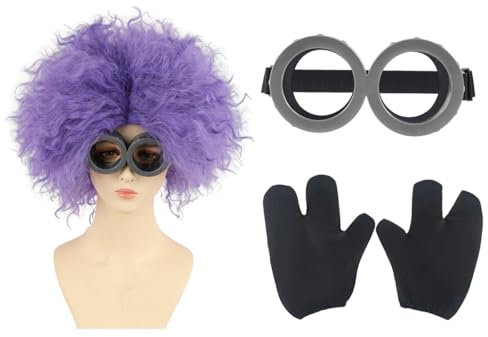 TANTAKO 3Pcs Lila Halloween Cosplay Perücke mit Augen Schutzbrille und Handschuhe für Männer und Frauen Kostüm (zwei Augen)