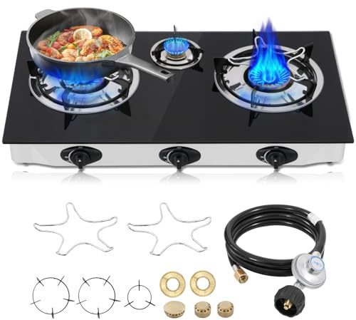 Propane Gas Hob 3 Burner Gas Stove Portable Gas Stove 0.28 Tempered Glass Automatic Ignition Camping 3 Burner LPG for RV Homes Outdoor