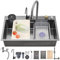 Ribanedy fregadero cascada multifuncional 68 x 45 cm, gris oscuro, fregadero cocina 1 seno inoxidable con grifo rociador abatible, lavavasos y set de accesorios