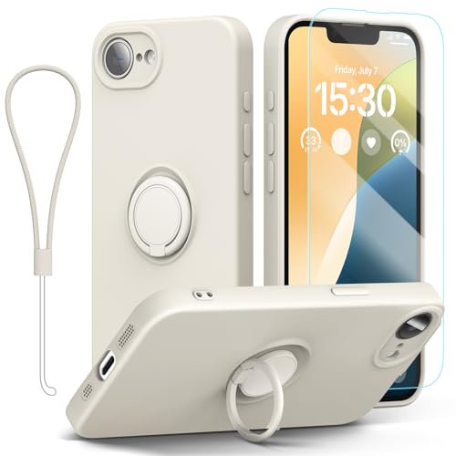 abitku for iPhone 16e Case 6.1'', Ring Stand Silicone Slim Design (with Wrist Strap), Magnetic Car Mount Case Cover Compatible with iPhone 16e, White Stone