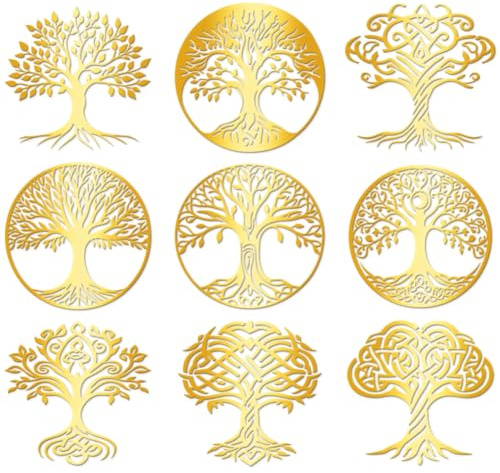 Hobbspring 9 Stück Goldene Selbstklebende Aufkleber 4cmx4cm Baum Des Lebens Metallaufkleber Goldener Baum Wasserdicht Dekorationsaufkleber Für Sammelalben DIY Harzhandwerk Telefonflaschendekoration