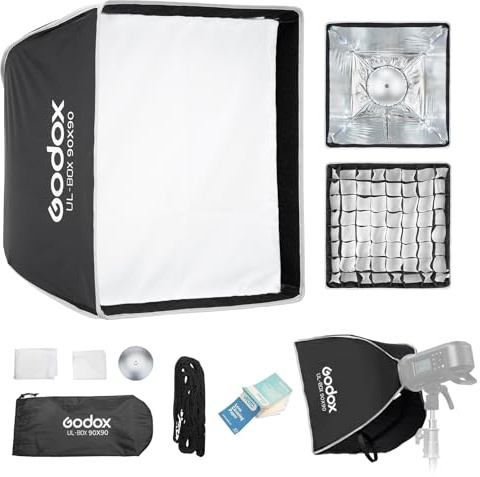 GODOX UL-Box 90 Rectangulaire Softbox, Soft Box Carrée 90x90cm avec Grille | Bowens Mount, Pliable, Disponible pour Studio et Extérieur, Photographie de Portraits, Produits, Natures Mortes