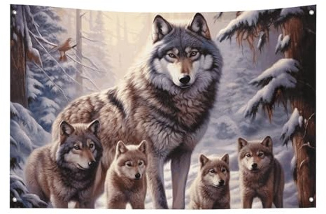 Wölfe-Familienflagge mit 4 Ösen, strapazierfähiges Polyester, einseitige Flaggen, wetterbeständige Banner für Wohnheim, Partys, Filme, Festivals, Dekoration, 119,4 x 177,8 cm