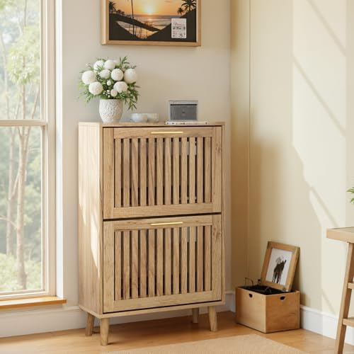 Smart FENDEE Schuhschrank mit 2 klappbaren Lattenschubladen, schmaler Schuhschrank aus Holz mit goldfarbenem Griff, versteckter Eingang, Schuh-Organizer für Flur, Foyer, Naturholz 60B cm