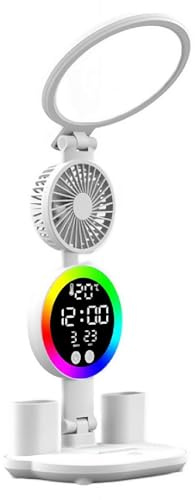 LED Desktop Desk Lamp with Fan and Clock, Dimmable Colorful Led Lights, USB Charging Port, Adjustable Folding with Clock Date,Pen Holder,Temperature, Home Office, Reading Lamp, Small Study Table Lamp