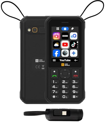 AGM M11 Powerbank 4000mAh con cavo USB-C integrato, telefono rugged 4G IP68, hotspot Wi-Fi, tasti grandi, app Cloud, torcia LED, Nero