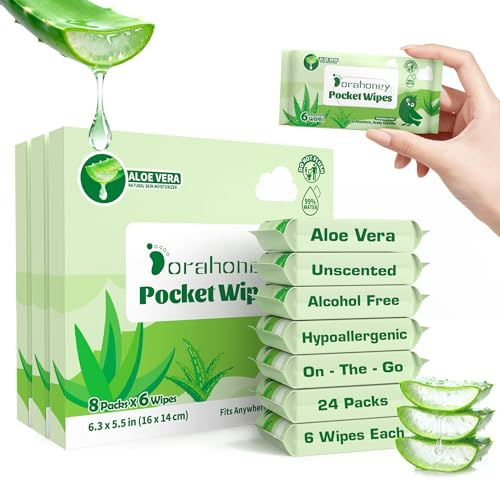 Dorahoney Mini Wet Wipes, Pocket Size Portable Travel Wipes, 99% Water, Unscented & Gentle for Sensitive Skin, Compact Hand & Face Wipes for Adults, Kids & Baby Care, 24 Packs (144 Wipes)